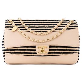 CHANEL - Borsa a tracolla Coco Sailor Chanel in pelle liscia beige e tela bicolore Blu navy