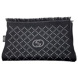 Gucci Black / Grey GG Logo Wollschal mit Fransenbesatz Schwarz