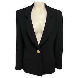 Chanel Vintage Black Wool Gauze Crepe Jacket with Gold Hammered Buttons Black
