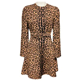 Valentino Garavani Robe mini évasée Valentino imprimée léopard Tan / Black avec ceinture Camel