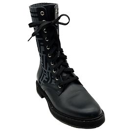 Fendi Black Leather & FF Motif Sock Knit Rockoko Combat Boots Black