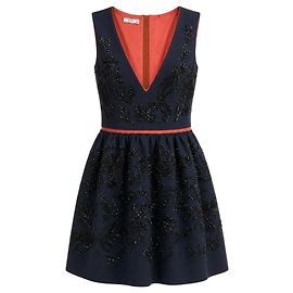 Prada Navy Blue / Burnt Orange Beaded Sleeveless Wool Flared Cocktail Dress Navy blue