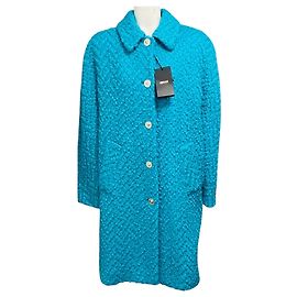 Versace Turquoise Astrakan Boucle Wool Coat with Medusa Buttons Blue