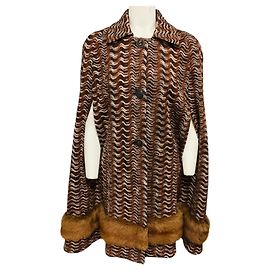 Missoni Brown Wool Knit Cape with Fur Trim Brown