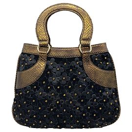 Bolsa Satchel Oscar de la Renta em couro de bezerro preto com flores e alças em python bronze Preto