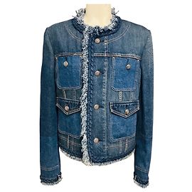 Giacca di jeans Junya Watanabe blu con bordo intrecciato e frange Blu