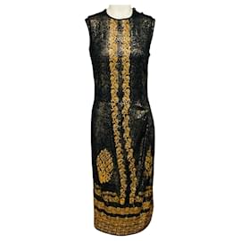 Abito midi in maglia senza maniche Chanel Gold Metallic / Black Paris Venice Runway 2010 Barocco scintillante con bottoni gioiello logo CC D'oro