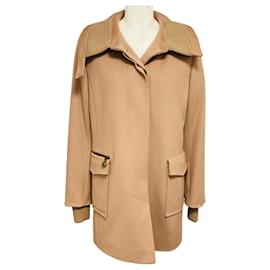 Akris Punto Camel Knit Trimmed Button Front Wool Coat Camel