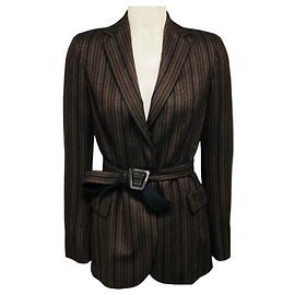 Akris braun / schwarz gestreifte Kaschmirjacke mit Gürtel Braun
