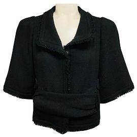 Veronique Leroy Black Fringed Wool Tweed Jacket Black