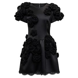 Vestido Mini de Cetim Dolce & Gabbana com Apliques Florais em Malha Preta Preto
