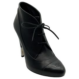 Chanel Black Leather Lace Up Ankle Boots with Silver Heel Detail Black