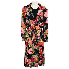 Junya Watanabe Black Wool Knit Midi Dress with Multicolor Floral Chiffon Overlay Multiple colors
