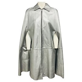 Saint Laurent Silver Metallic Zip Front Leather Cape Silvery