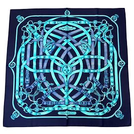 Hermès Pañuelo Cuadrado de Twill de Seda Hermes Azul Marino / Turquesa Estampado Cavalcadour Azul marino