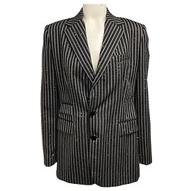 Ralph Lauren Collection Black Crystal Embellished Striped Wool Blazer Black
