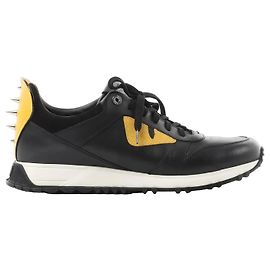 Fendi Monster Bug's Eye Studs Leder-Sneaker in Schwarz x Gelb, Größe 41 EU Schwarz