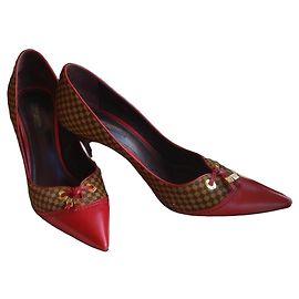Louis Vuitton Damier Ebene and Red Leather Pumps Brown Red
