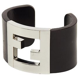 Fendi Cuff Bangle Black and Silver Metal Wood Black Silvery