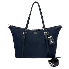 Prada Logo Hardware Nylon Leather Tote Bag Black Navy blue