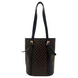 Céline Celine Vintage Macadam Blazon Triomphe Pattern Leder Semi-Shoulder Tote Bag Braun Schwarz