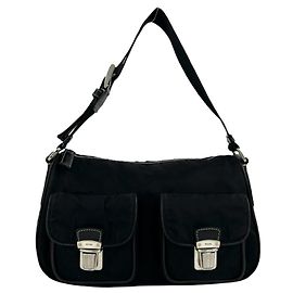 Bolsa semi one shoulder em nylon Tessuto e couro com logo triângulo Prada Preto