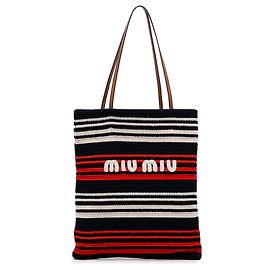 Sac cabas vertical Miu Miu en crochet de coton tricolore bleu à rayures et logo Bleu Bleu Marine