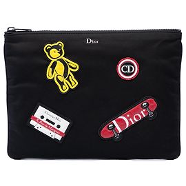 Dior Black Nylon Patch Embellished Zip Clutch Black