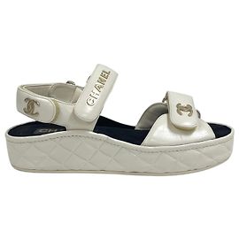 Chanel White CC Logo Velcro Sandal Slippers White