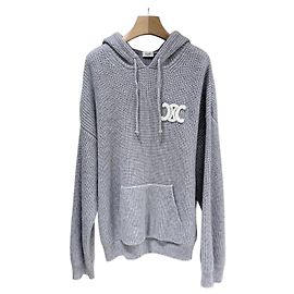 Céline Triope Wool Ribbed Knit Hoodie Gray XL Brown