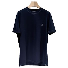 Brunello Cucinelli Camiseta de manga corta de algodón con cuello redondo Navy (XL) Azul