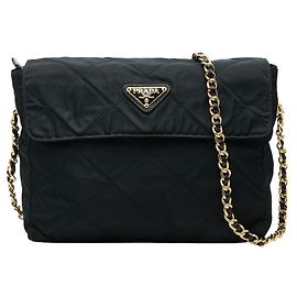 Bolsa de Ombro com Corrente e Placa de Logotipo Triangle Prada Preto Dourado