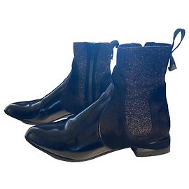 Emporio Armani Black Leather and Glitter Ankle Boots Black