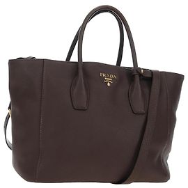 PRADA Bolsa de Mão Vittero Dino Couro 2 vias Marrom Ouro Auth 196084V Marrom Dourado