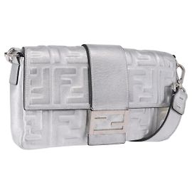 FENDI Zucca Canvas Mamma Baguette Shoulder Bag Leather Silver Auth 197105SAM Silvery