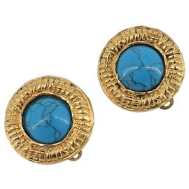 Brinco CHANEL Metal Dourado Tom Azul CC Auth 195370 Azul Outro