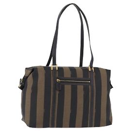 FENDI Pecan Canvas Tote Bag Brown Black Auth 195728A Brown Black