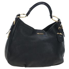 Sac à épaule PRADA Vittero Dino Leather Noir Or Auth 194765M Noir Doré