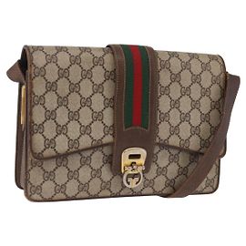 Bolsa de Ombro GUCCI GG Supreme Web Sherry Line PVC Bege Dourado Auth 195731 Bege Dourado