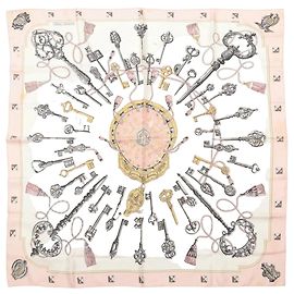 Lenço de seda Carré 90 "LES CLES" da Hermès em rosa Rosa