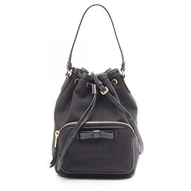 Prada LOGO JACQUARD Drawstring Handbag Black