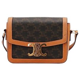 Céline Bolsa Pequena Celine Triomphe em Lona e Couro Tan Marrom Monograma