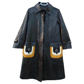 Louis Féraud Louis Feraud long black leather coat Brown Black White Yellow