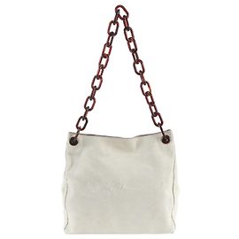 Bolsa de ombro Tote Prada com logo triângulo em couro de bezerro com pelos e corrente Cru