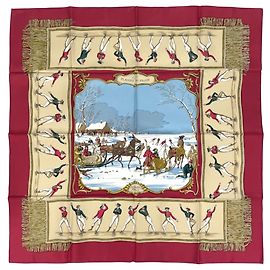 Hermès Pañuelo Hermes Carre 90 Les Plaisirs du Froid Roja Beige