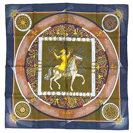 Hermès Pañuelo Hermes Carre 90 FEUX D'ARTIFICE Castaño Azul marino