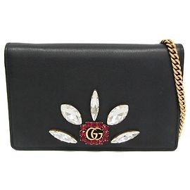 Gucci Double G Crystal Bijou Leather Chain/Shoulder Wallet Black