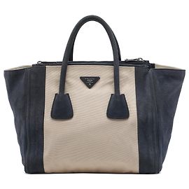 Bolsa Satchel Prada de Alça Dupla e Bolsos Gêmeos em Lona Bege e Camurça Bege