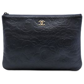 Chanel Blue Medium CC Embossed Lambskin Camellia O Case Clutch Blue Navy blue