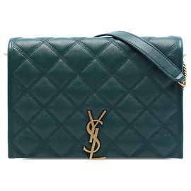 Bolsa de Ombro Saint Laurent Becky Mini em pele de cordeiro acolchoada Verde com corrente Verde Verde escuro